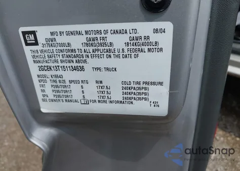 2005 Chevrolet Silverado 1500 Lt from USA, damaged, VIN 2GCEK13T151134636